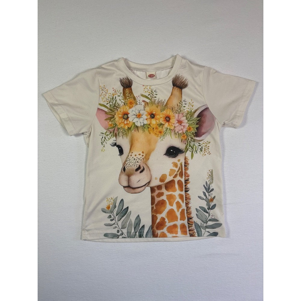 Kids Cream Giraffe Floral‎ Crown Graphic T-Shirt Size 120 Safari Zoo Tee